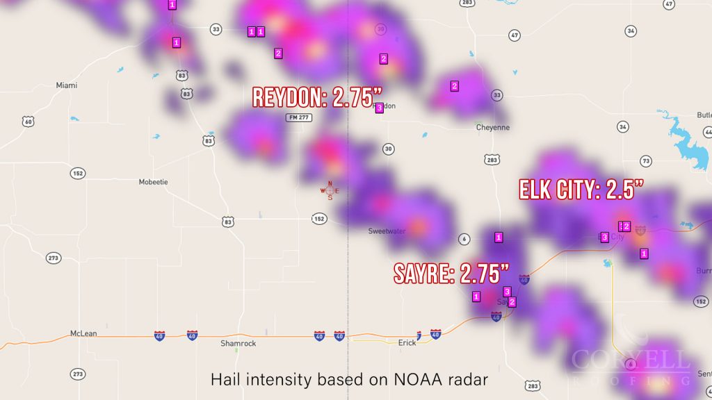 Hail intensity map near Elk City, Sayer OK on April 21st, 2020