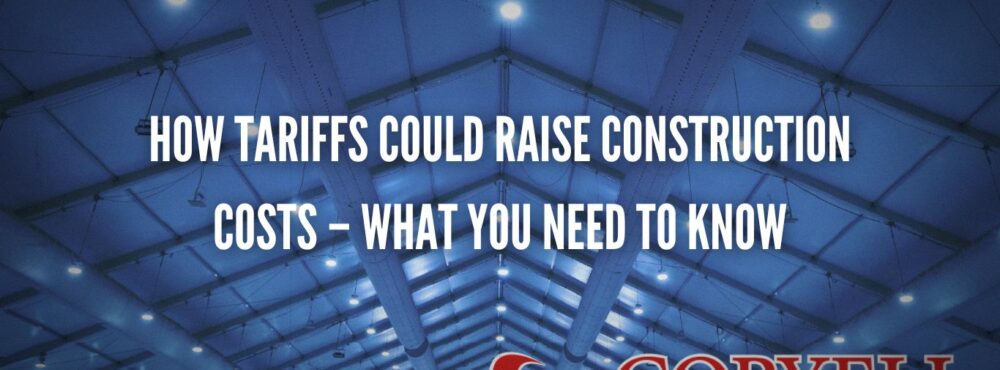 Metal roofing interior with overhead lighting and ventilation ducts, featuring the Coryell Roofing logo and text overlay: 'Tariff Impact on Construction Costs – What It Means for Your Projects.