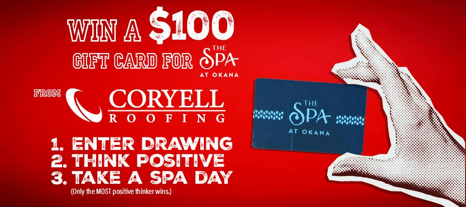 $100 Spa gift card giveaway graphic banner - Coryell Roofing